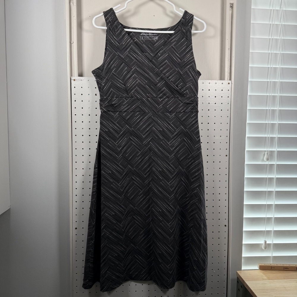 Eddie Bauer Fit Flare Midi Dress Women's Gray Geometric Sleeveless Medium Travel